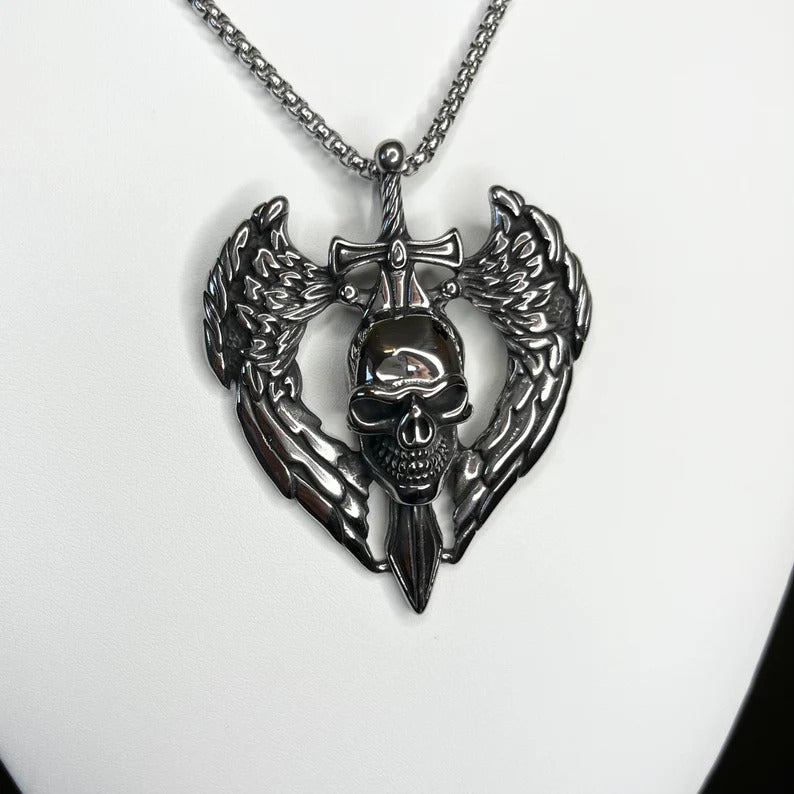 Gothic Angel Wings Skull Pendant