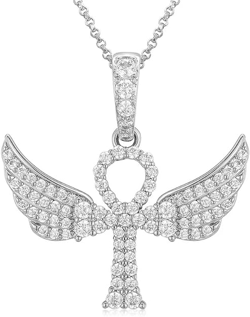 Moissanite Ankh Cross with Wings Pendant
