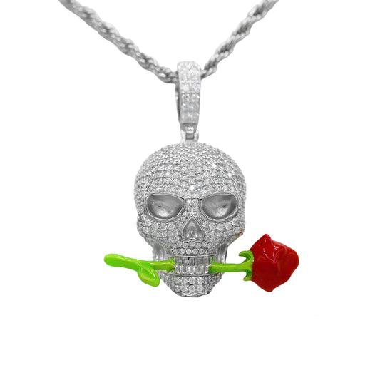 Moissanite Skull with Rose 925 Sterling Silver Pendant
